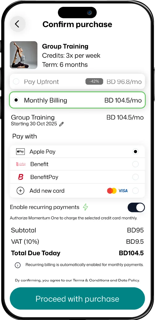 Branded client app purchase confirmation with payment options and a Bahrain dinar total