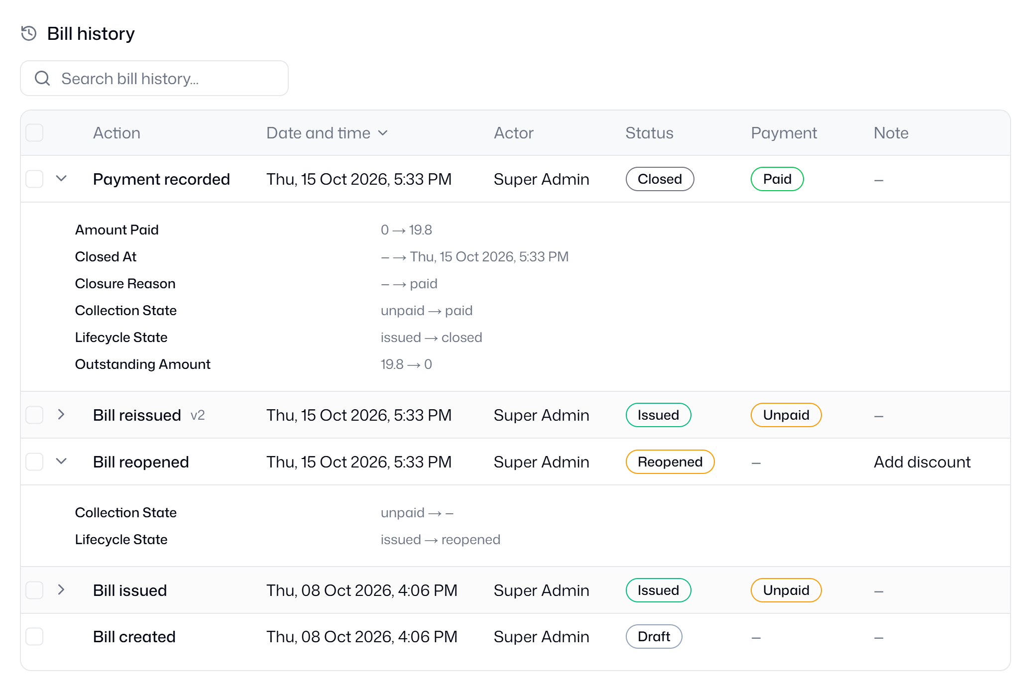 Bill history showing recorded payment, remaining balance and bill status changes