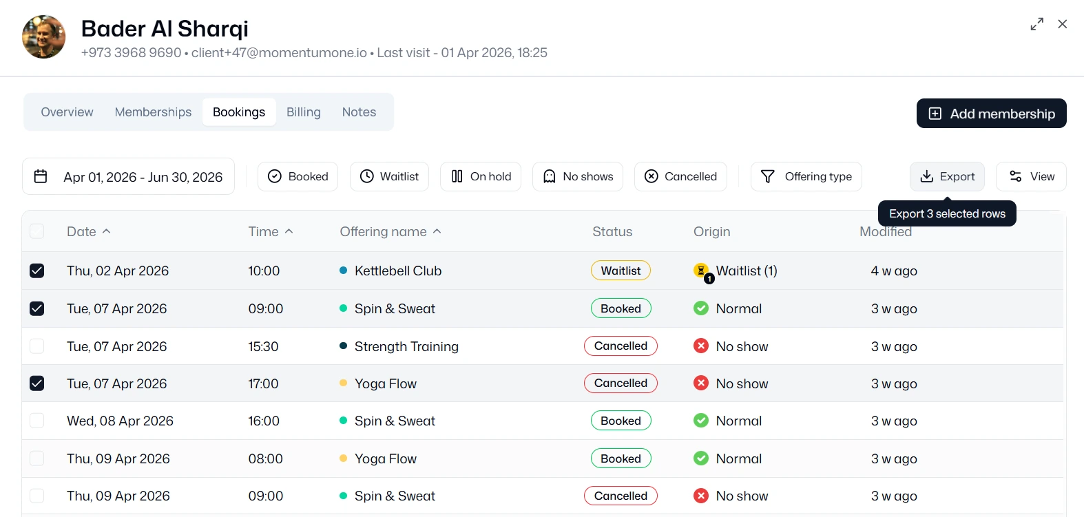 Scheduling and bookings in Momentum One