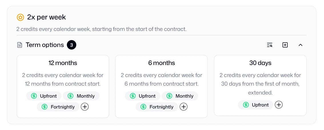 Recurring membership credit, term and billing options