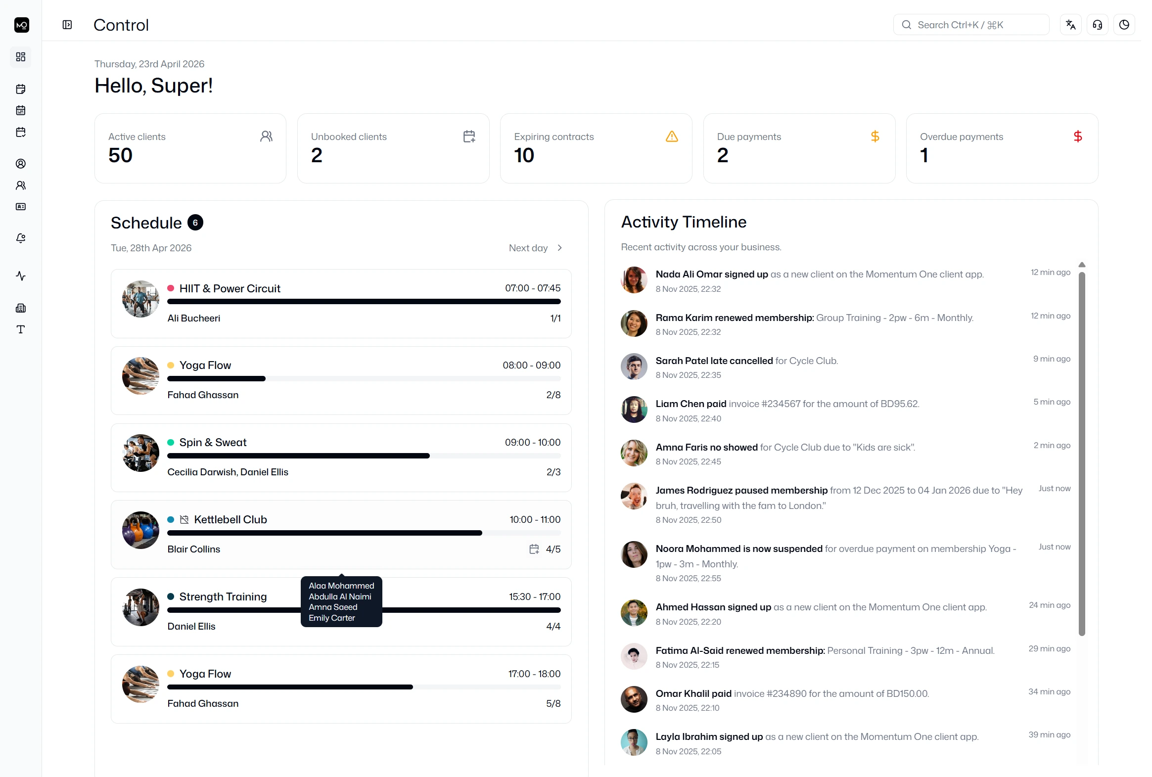 Daily workspace with schedule and client activity